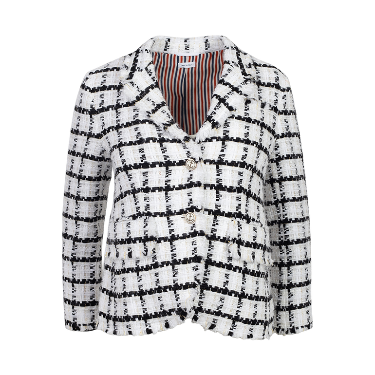 Frayed Tweed Jacket | Front view of Frayed Tweed Jacket THOM BROWNE