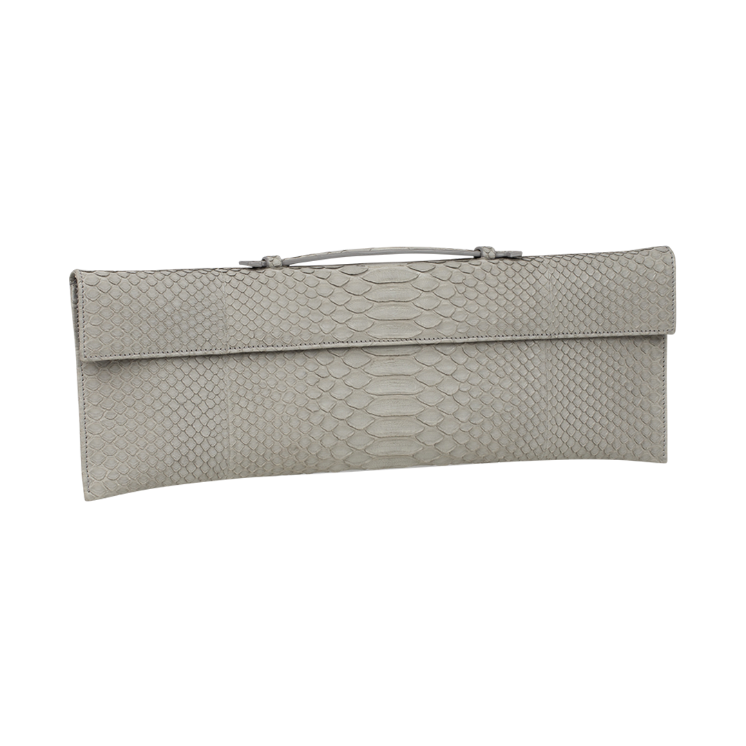 Light Grey Python Tuxedo Clutch | Side view of Light Grey Python Tuxedo Clutch SUSIE STRAUBMUELLER