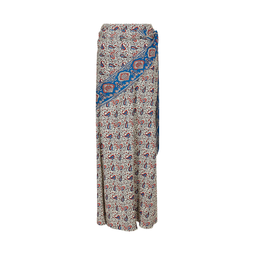 Long patterned skirt with a blue border on a white background