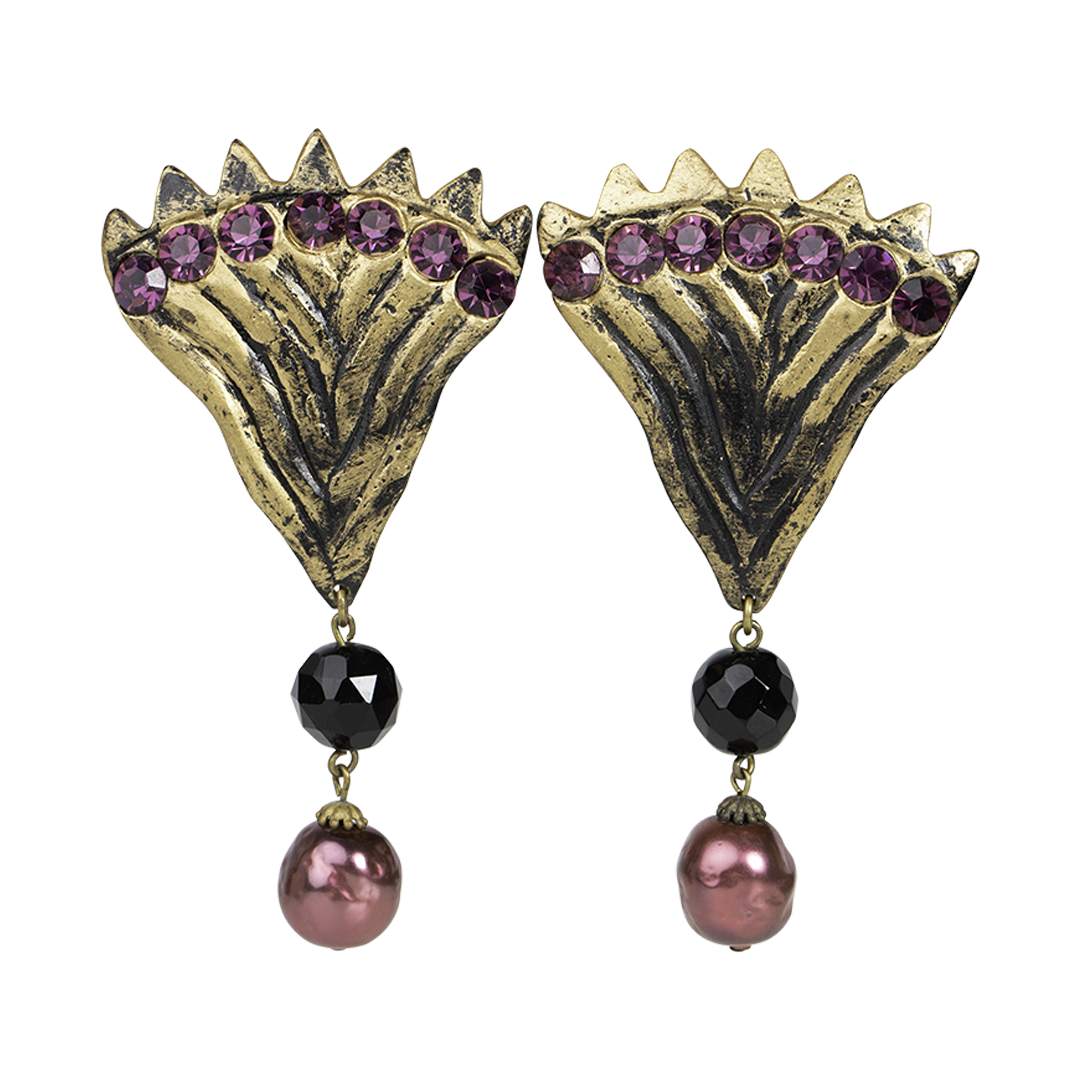 Pair of gold and purple earrings with black and pink beads on a white background