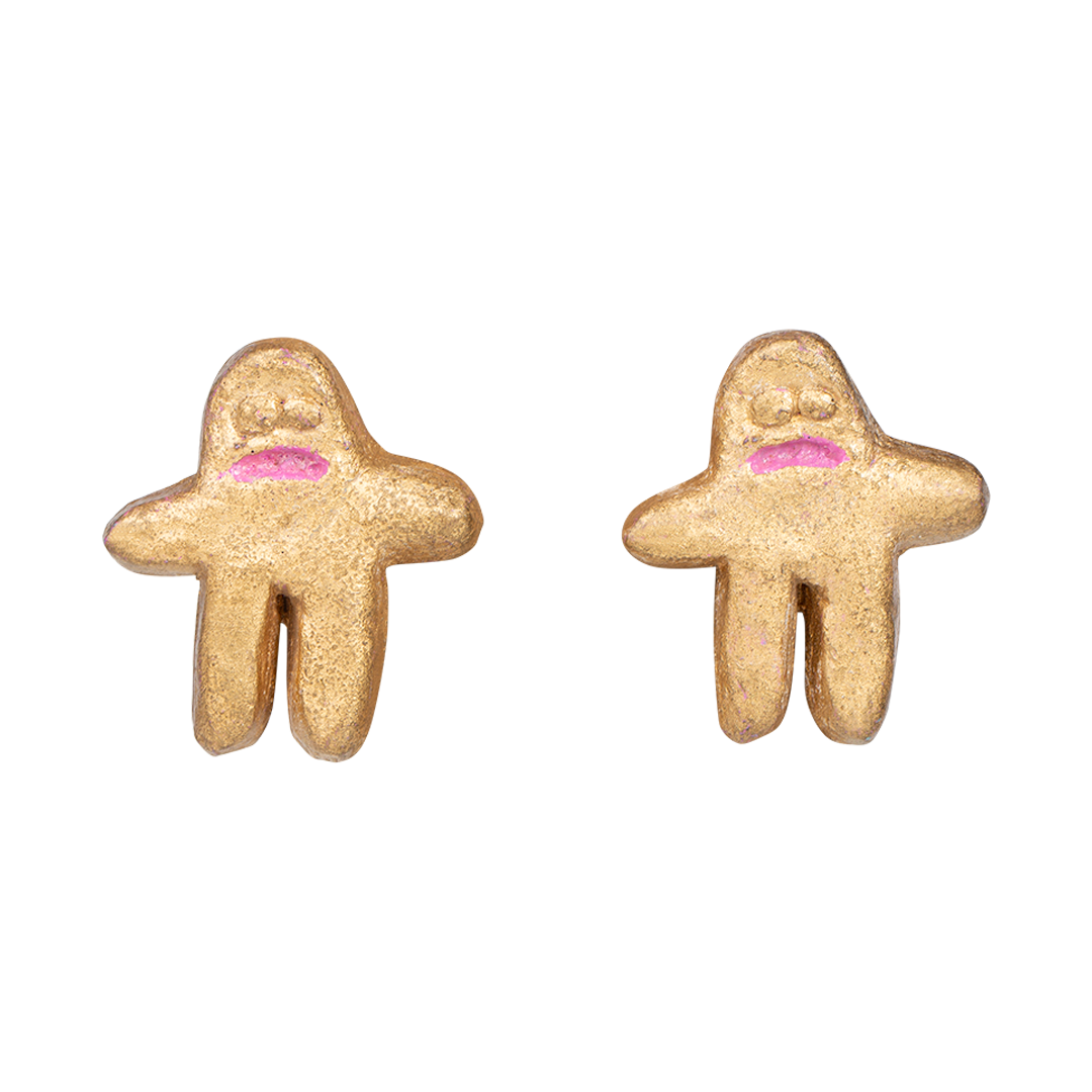 Gold ghost-shaped earrings on a white background