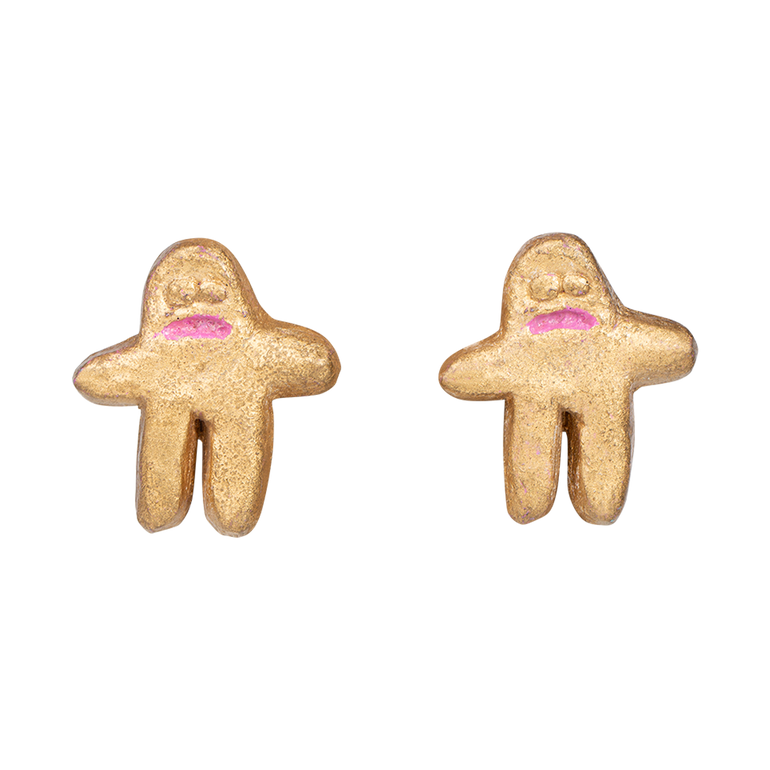 Gold ghost-shaped earrings on a white background