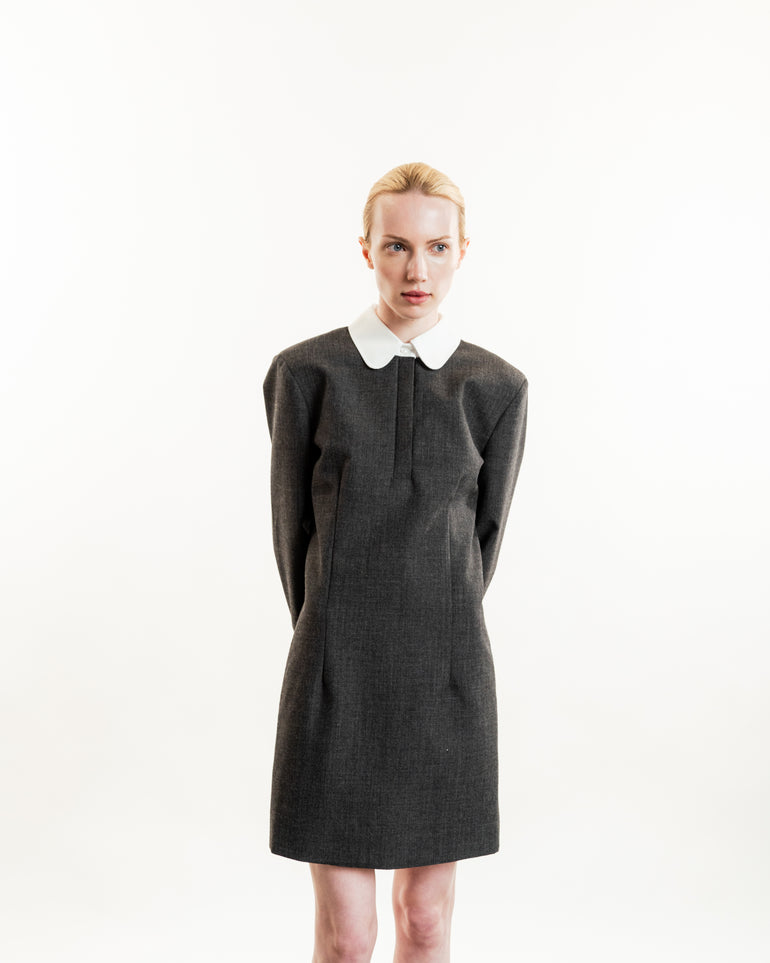 Tailored Wool Minidress | On-Model full body view of Tailored Wool Minidress THOM BROWNE