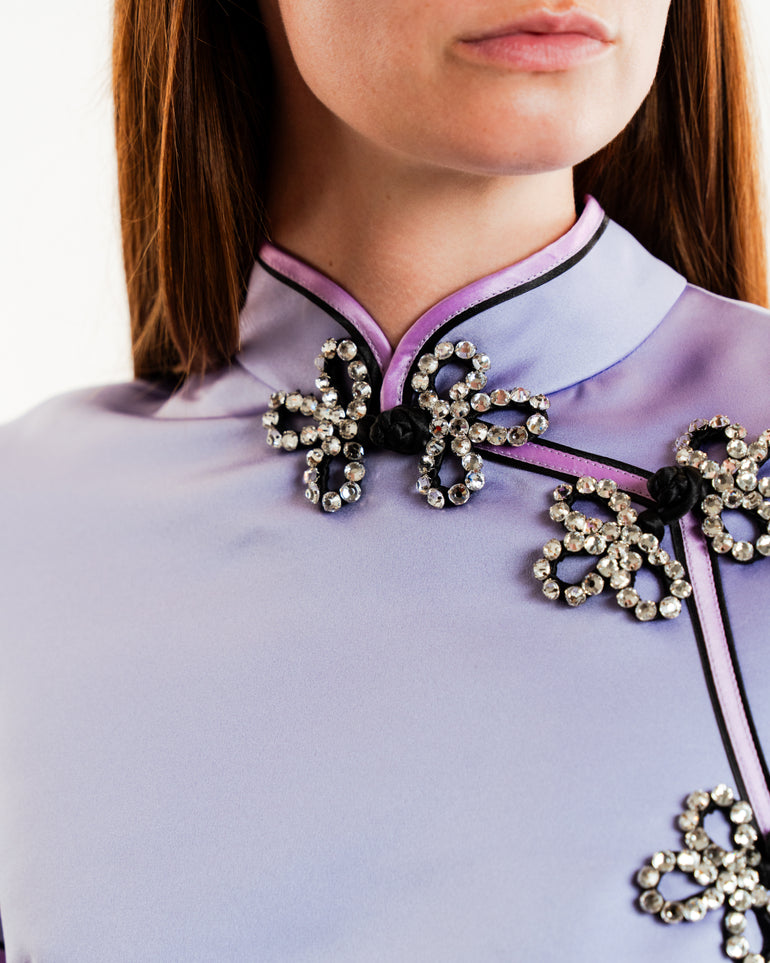 Manon Satin Dress in Purple | On-Model close up view of Manon Satin Dress in Purple HUISHAN ZHANG