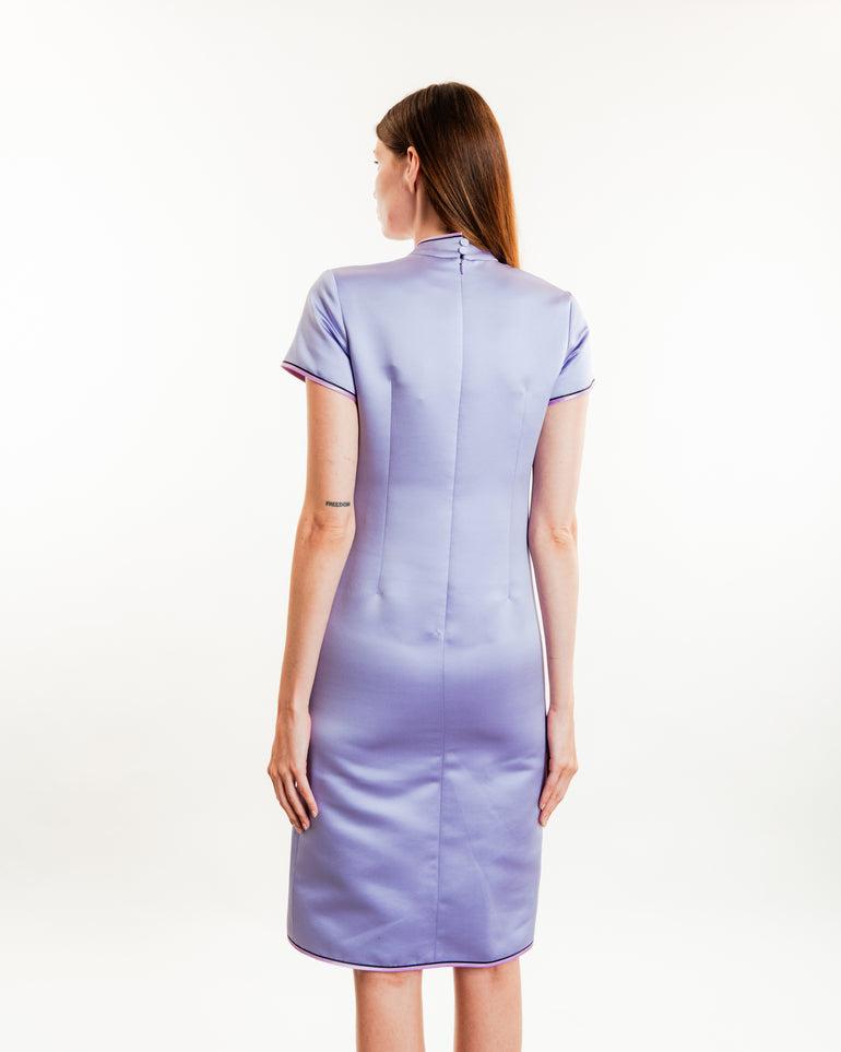 Manon Satin Dress in Purple | On-Model back view of Manon Satin Dress in Purple HUISHAN ZHANG