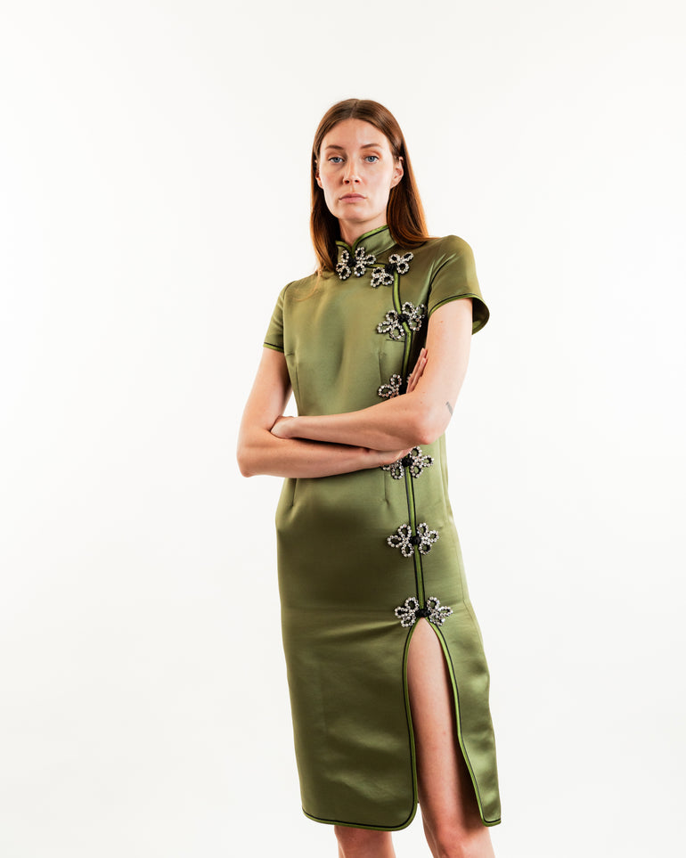 Manon Satin Dress in Green | On-Model full body view of Manon Satin Dress in Green HUISHAN ZHANG