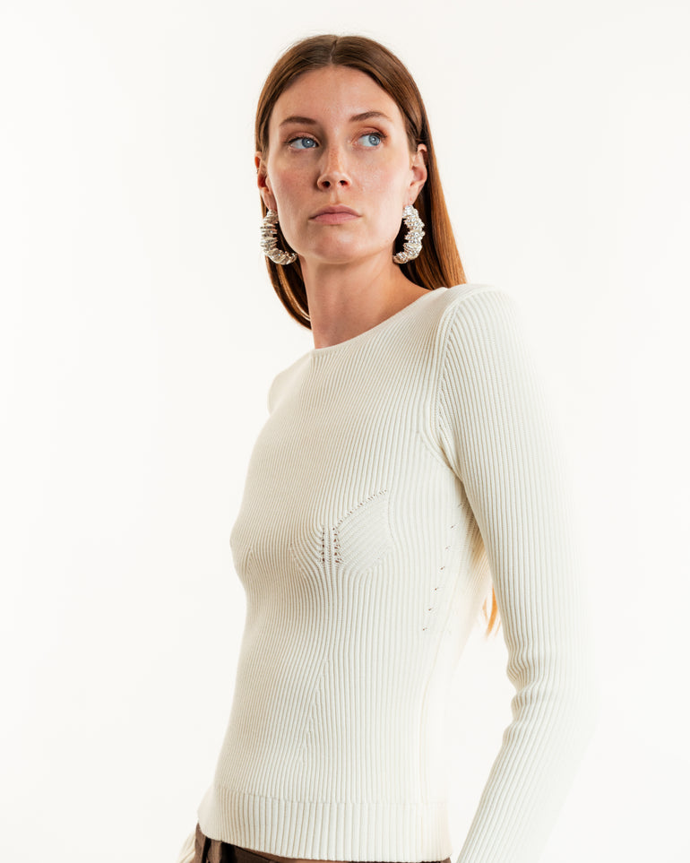 Sculpted Rib-Knit Top | On-Model close up view of Sculpted Rib-Knit Top MAGDA BUTRYM