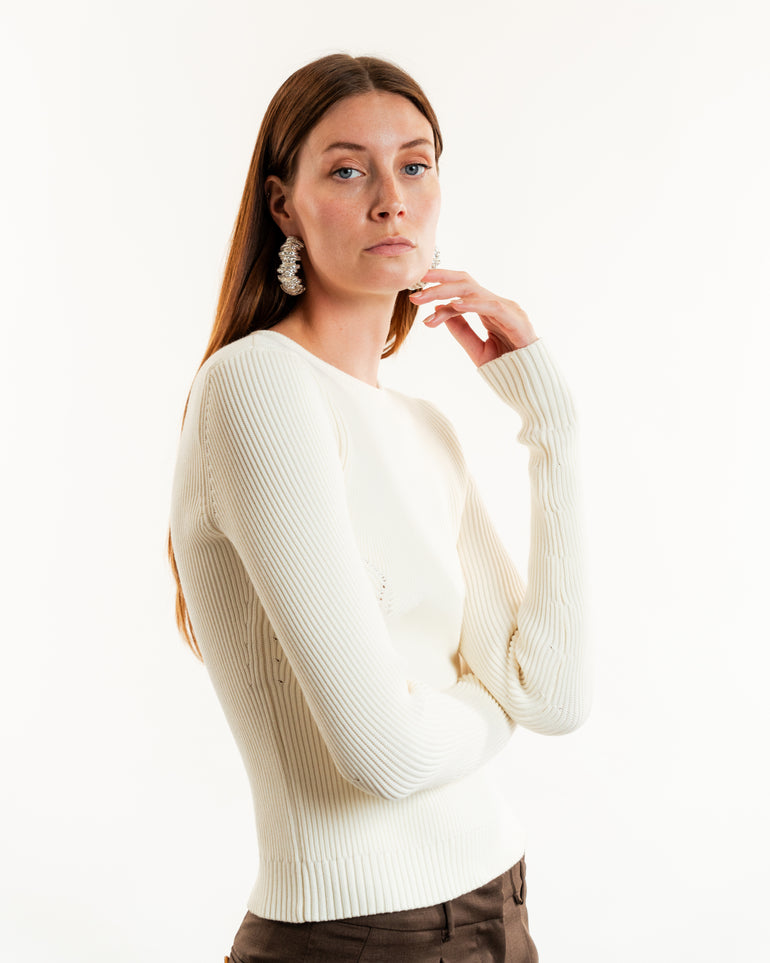 Sculpted Rib-Knit Top | On-Model close up view of Sculpted Rib-Knit Top MAGDA BUTRYM