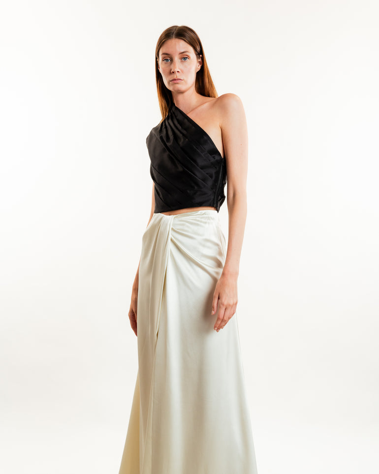 Leticia Draped Maxi Skirt | On-Model close-up view of Leticia Draped Maxi Skirt HEIRLOME