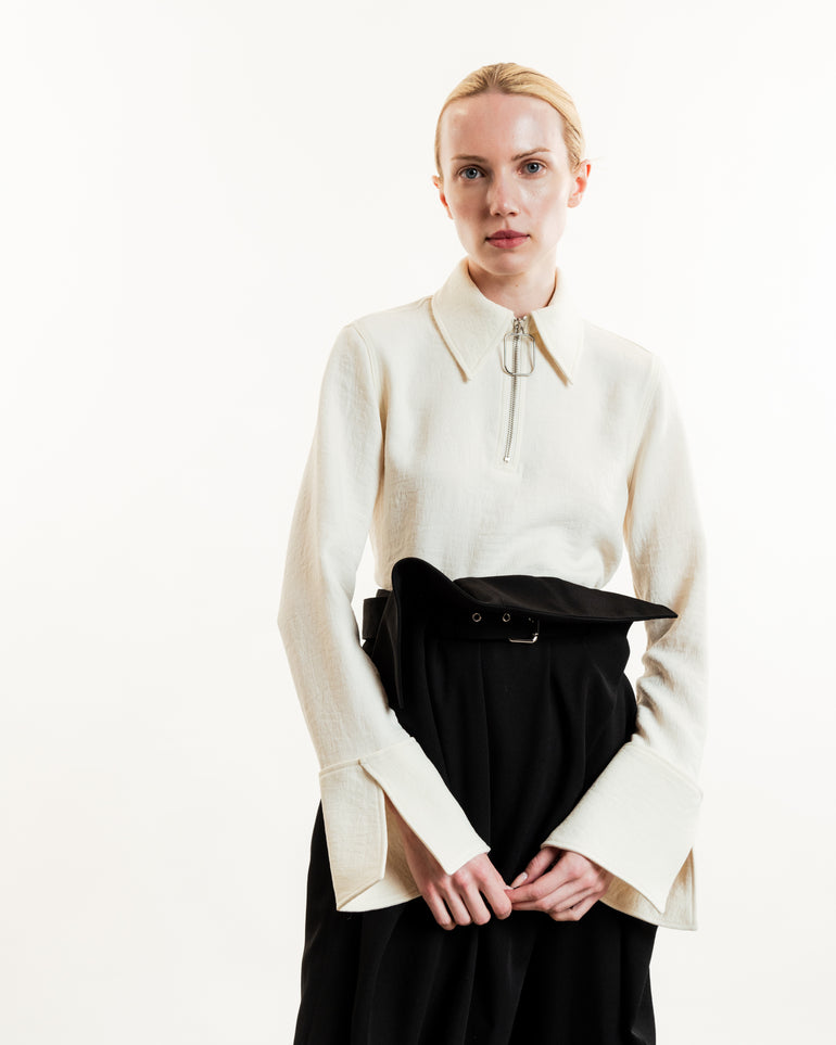 Wire Puller Henley Top | On-Model view of Wire Puller Henley Top in White JW ANDERSON