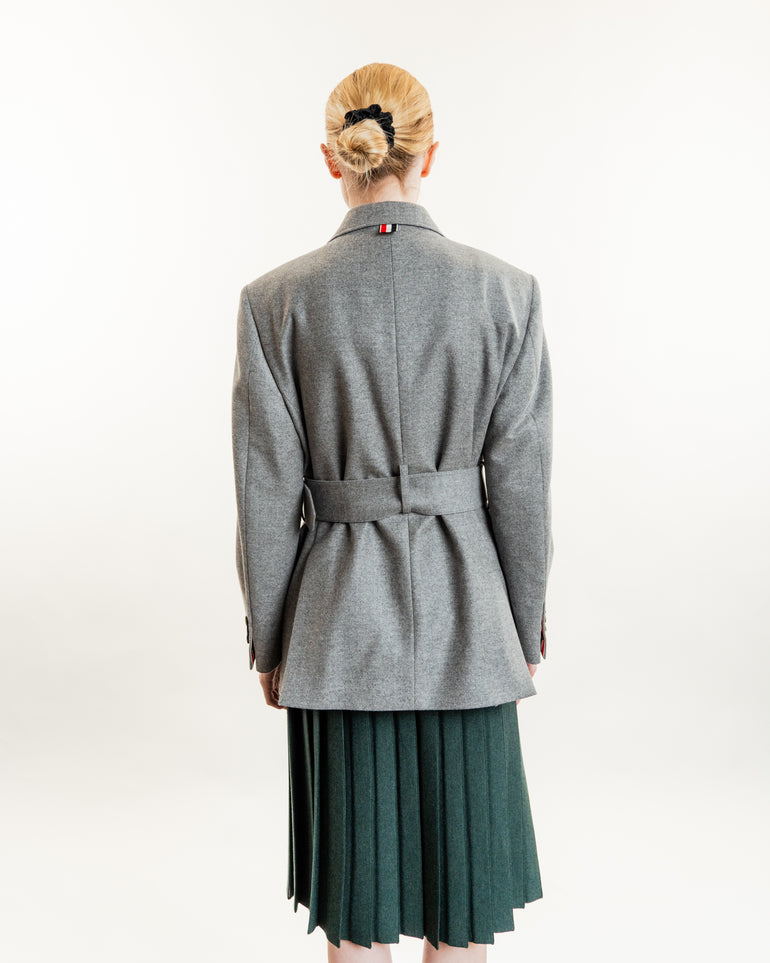 Pleated Midi Skirt with Tipping | On-Model full body back view of Pleated Midi Skirt with Tipping THOM BROWNE