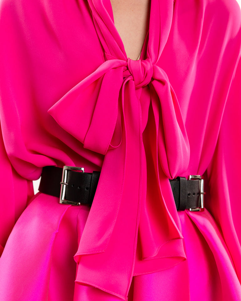Tie-Neck Fuschia Silk Blouse | Detail front view of model Tie-Neck Fuschia Silk Blouse DICE KAYEK