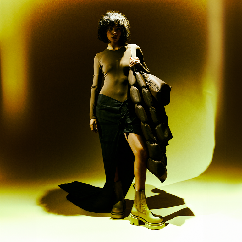 Full body image of  RICK OWENS Beatle Bogun Ankle Boots in Yellow